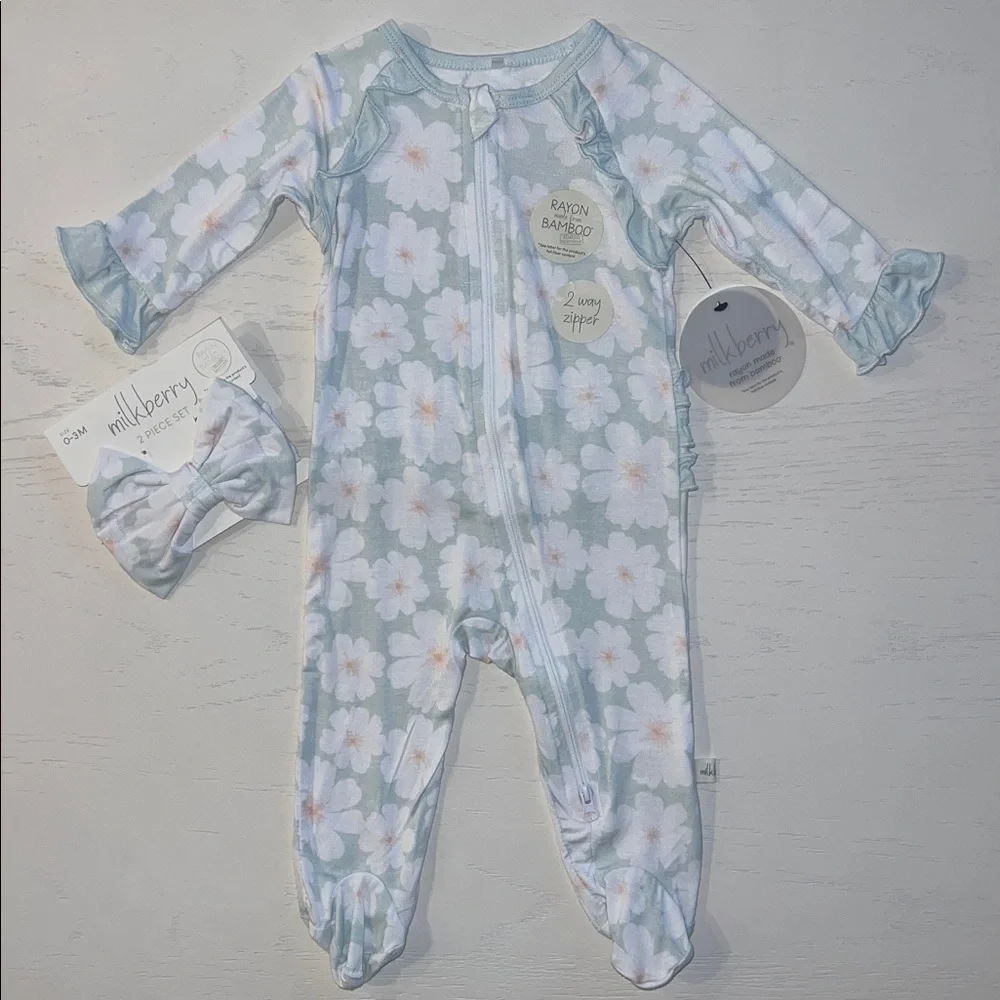 Milkberry Floral Mint Footie Headband Set 0-3 3-6 months